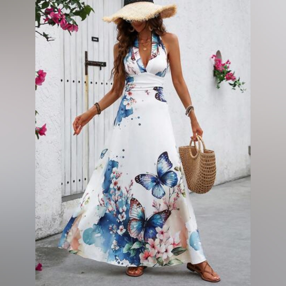 Floral Butterfly Halter Maxi Dress - White & Blue